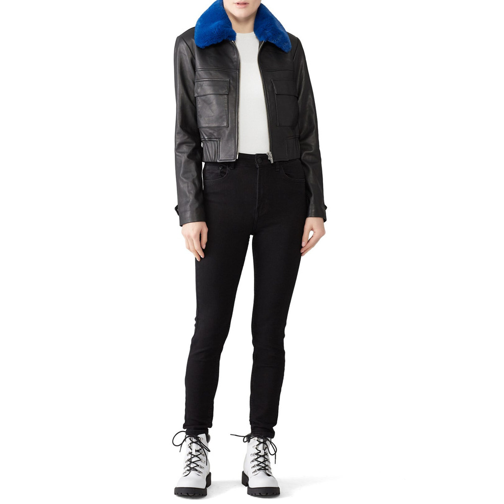 Veda Womens Faux Fur Andre Leather Jacket Long Sleeve Full Zip Black Blue Size S